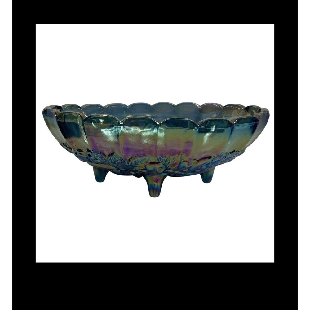 Fenton Blue Carnival Glass Footed Bowl Iridescent Fruit Pattern Scalloped 12in